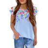 Girls T Shirts Ruffle Short Sleeve Round Neck Loose Blouse Summer Solid Color Casual Girl Tee Tops for 3-12 Years(Multi Flowers/Butterfly)