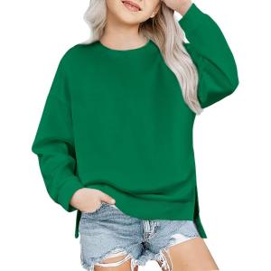 Arshiner Girls Crewneck Sweatshirt Long Sleeve Pullover Tops Drop Shoulder Sweatshirts Side Split(Green)