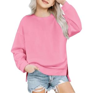 Arshiner Girls Crewneck Sweatshirt Long Sleeve Pullover Tops Drop Shoulder Sweatshirts Side Split(Peach Pink)