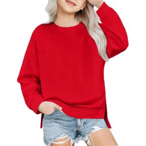 Arshiner Girls Crewneck Sweatshirt Long Sleeve Pullover Tops Drop Shoulder Sweatshirts Side Split(Red)