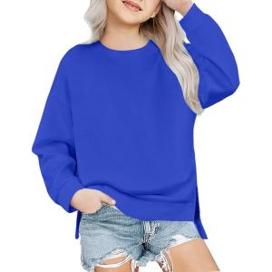 Arshiner Girls Crewneck Sweatshirt Long Sleeve Pullover Tops Drop Shoulder Sweatshirts Side Split(Royal Blue)