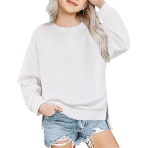 Arshiner Girls Crewneck Sweatshirt Long Sleeve Pullover Tops Drop Shoulder Sweatshirts Side Split(White)
