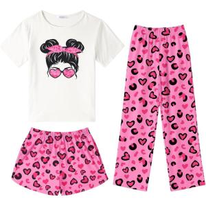 Arshiner Girls Pajama Set 3 Piece Short Sleeve Sleepwear Summer Soft Cute Pjs Outfits(Girl Leopard Heart)