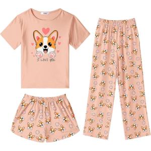 Arshiner Girls Pajama Set 3 Piece Short Sleeve Sleepwear Summer Soft Cute Pjs Outfits(Orange Dog)
