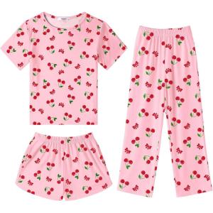 Arshiner Girls Pajama Set 3 Piece Short Sleeve Sleepwear Summer Soft Cute Pjs Outfits(Pink Cherry Bow)