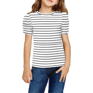 Arshiner Girls Puff Short Sleeve Shirts Summer Ribbed Knit Crewneck T Shirt Tops Tee Blouse(Black Stripe)