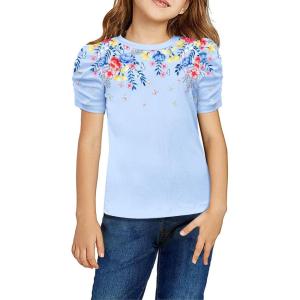 Arshiner Girls Puff Short Sleeve Shirts Summer Ribbed Knit Crewneck T Shirt Tops Tee Blouse(Floral Blue)