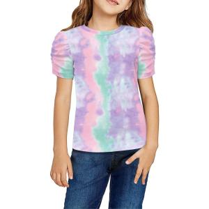 Arshiner Girls Puff Short Sleeve Shirts Summer Ribbed Knit Crewneck T Shirt Tops Tee Blouse(Tie Dye Purple)
