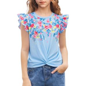 Arshiner Girls Shirt – Short-Sleeve Twist Front T-Shirt for Girls with Cute Flying Sleeves – Summer Blouse Tunic Tee Tops(Flowers-light Blue)