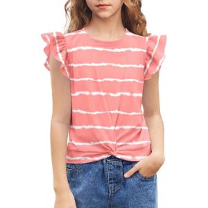 Arshiner Girls Shirt – Short-Sleeve Twist Front T-Shirt for Girls with Cute Flying Sleeves – Summer Blouse Tunic Tee Tops(Stripe-pink&white)