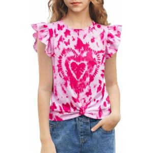 Arshiner Girls Shirt – Short-Sleeve Twist Front T-Shirt for Girls with Cute Flying Sleeves – Summer Blouse Tunic Tee Tops(Tie Dye Heart)