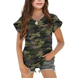 Arshiner Girls T Shirts Double Layer Ruffle Short Sleeve Casual V Neck Kids Summer Tops Blouse Tee(Camo)