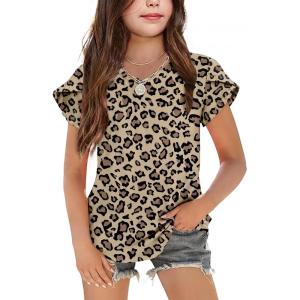 Arshiner Girls T Shirts Double Layer Ruffle Short Sleeve Casual V Neck Kids Summer Tops Blouse Tee(Leopard Print)