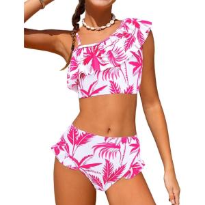 Arshiner Girls Two Piece Swimsuit Ruffles Flounce Printed Bikini Set Swimwear Girl Bathing Suits with Chest Pad(Deep Pink – Tree)