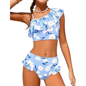 Arshiner Girls Two Piece Swimsuit Ruffles Flounce Printed Bikini Set Swimwear Girl Bathing Suits with Chest Pad(Light Blue – Flower)