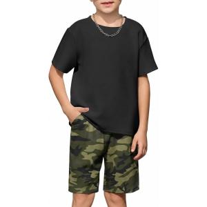 Arshiner Kids Boy Drop Shoulder Tee & Drawstring Waist Shorts With Chain Necklace(Army Green & Camo)