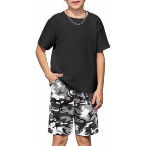 Arshiner Kids Boy Drop Shoulder Tee & Drawstring Waist Shorts With Chain Necklace(Black & Black Camo)