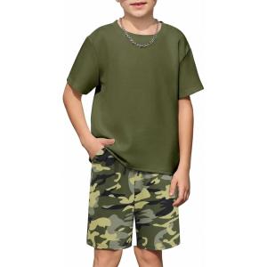 Arshiner Kids Boy Drop Shoulder Tee & Drawstring Waist Shorts With Chain Necklace(Black & Camo)