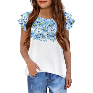 Girls T Shirts Ruffle Short Sleeve Round Neck Loose Blouse Summer Solid Color Casual Girl Tee Tops for 3-12 Years(Blue Flowers)