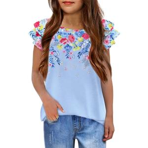 Girls T Shirts Ruffle Short Sleeve Round Neck Loose Blouse Summer Solid Color Casual Girl Tee Tops for 3-12 Years(Multi Flowers/Butterfly)