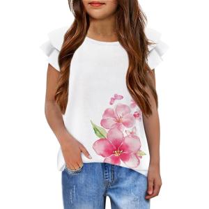 Girls T Shirts Ruffle Short Sleeve Round Neck Loose Blouse Summer Solid Color Casual Girl Tee Tops for 3-12 Years(Pink Flowers)