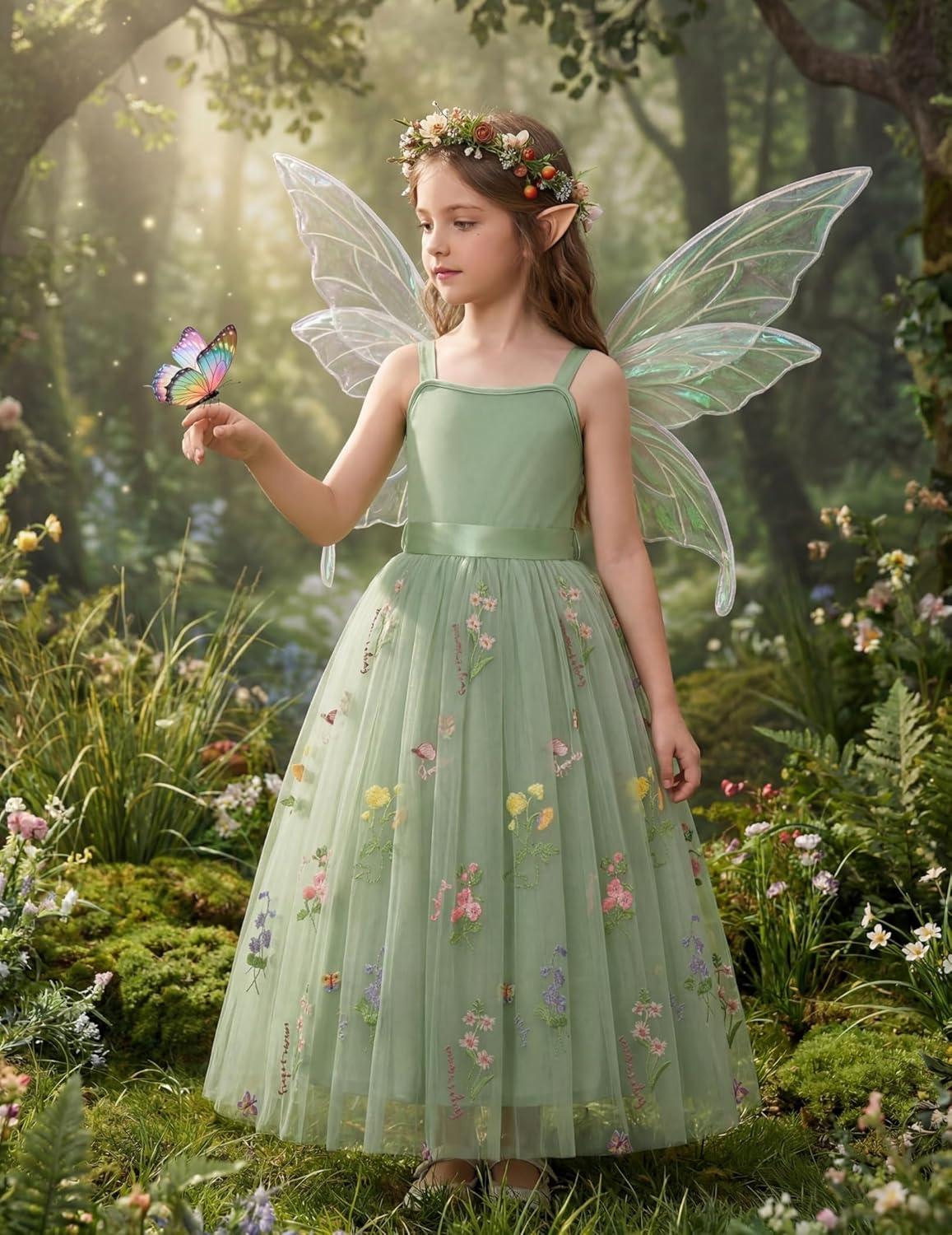 image:imageArshiner Flower Girls Dress Spaghetti Strap Formal Wedding Pageant Party Tulle Long Dresses with BeltGreen Floral