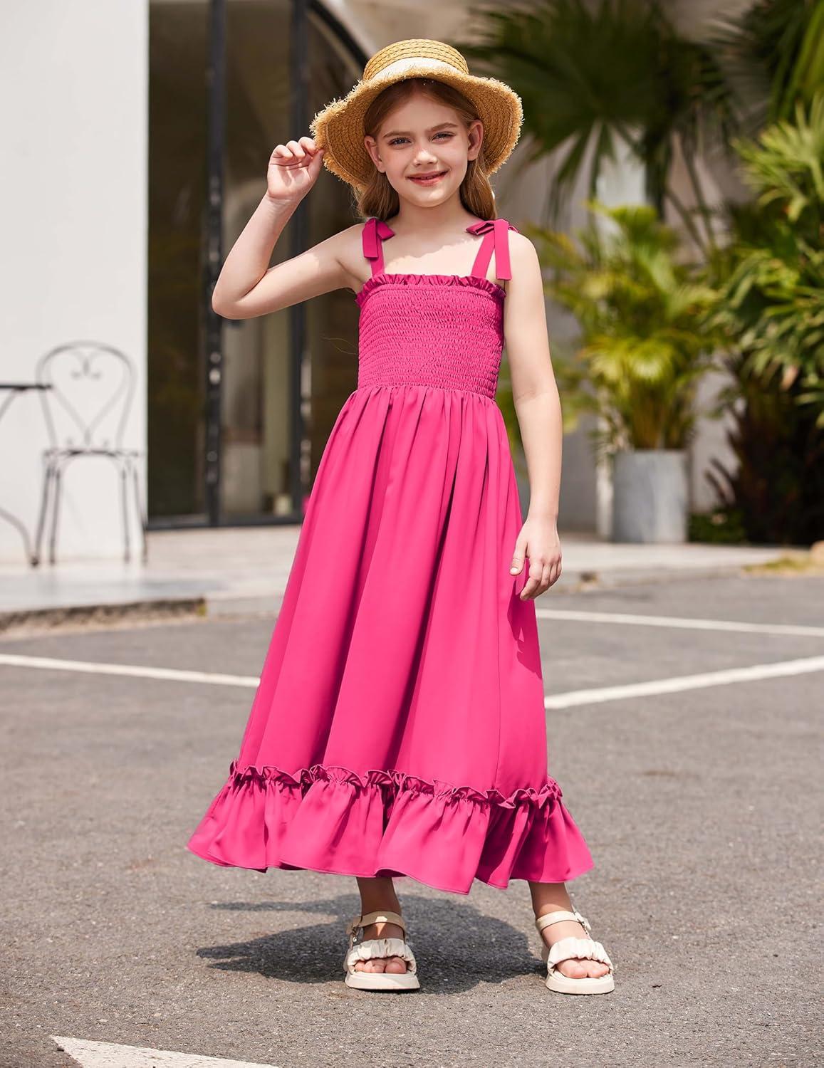 image:imageArshiner Girls Summer Dress Boho Beach Casual Smocked Maxi DressesHot Pink