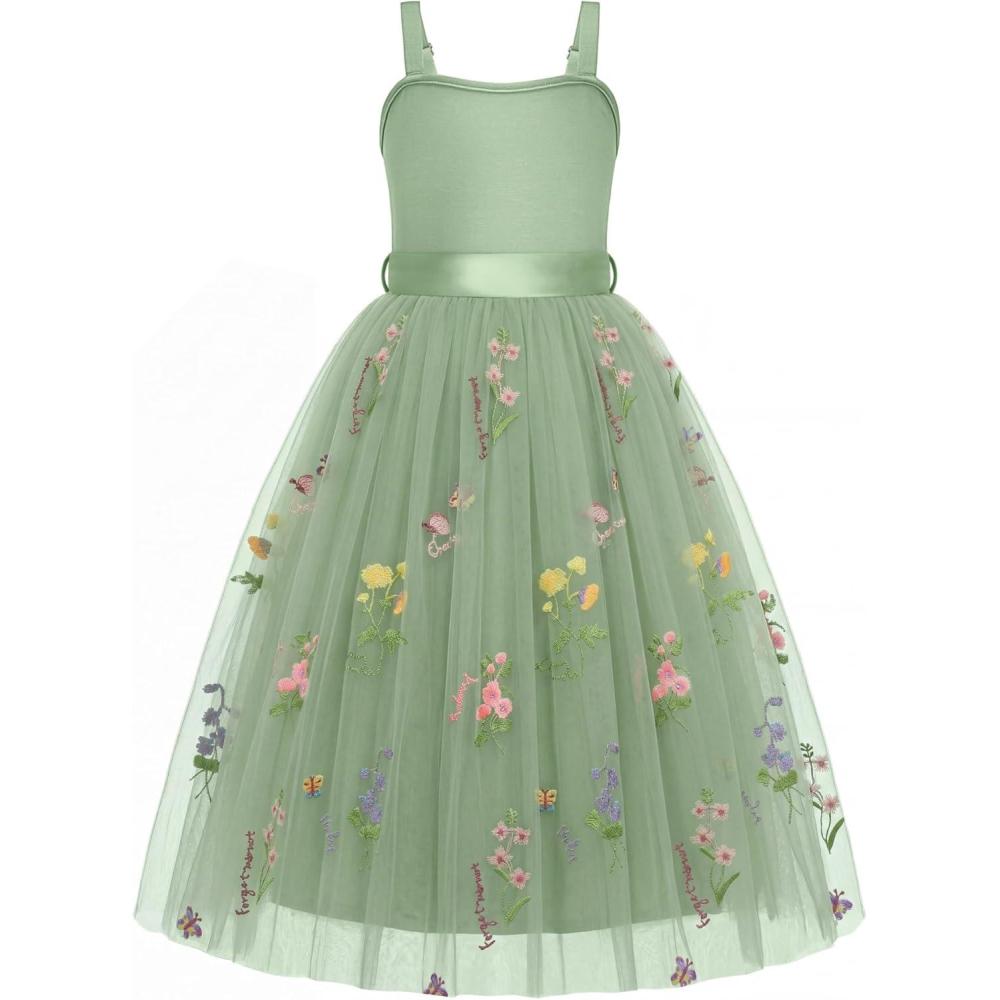 image:imageArshiner Flower Girls Dress Spaghetti Strap Formal Wedding Pageant Party Tulle Long Dresses with BeltGreen Floral