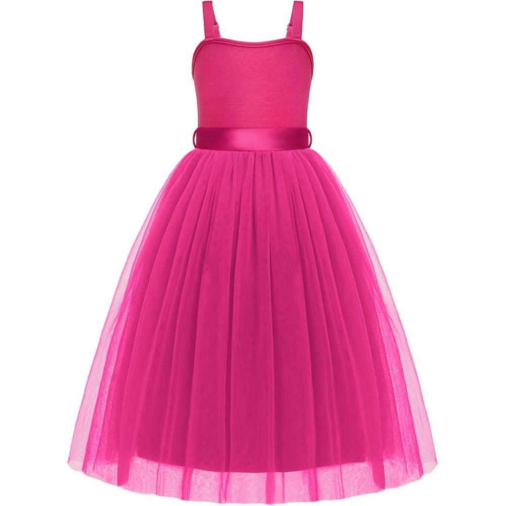 image:imageArshiner Flower Girls Dress Spaghetti Strap Formal Wedding Pageant Party Tulle Long Dresses with BeltHot Pink