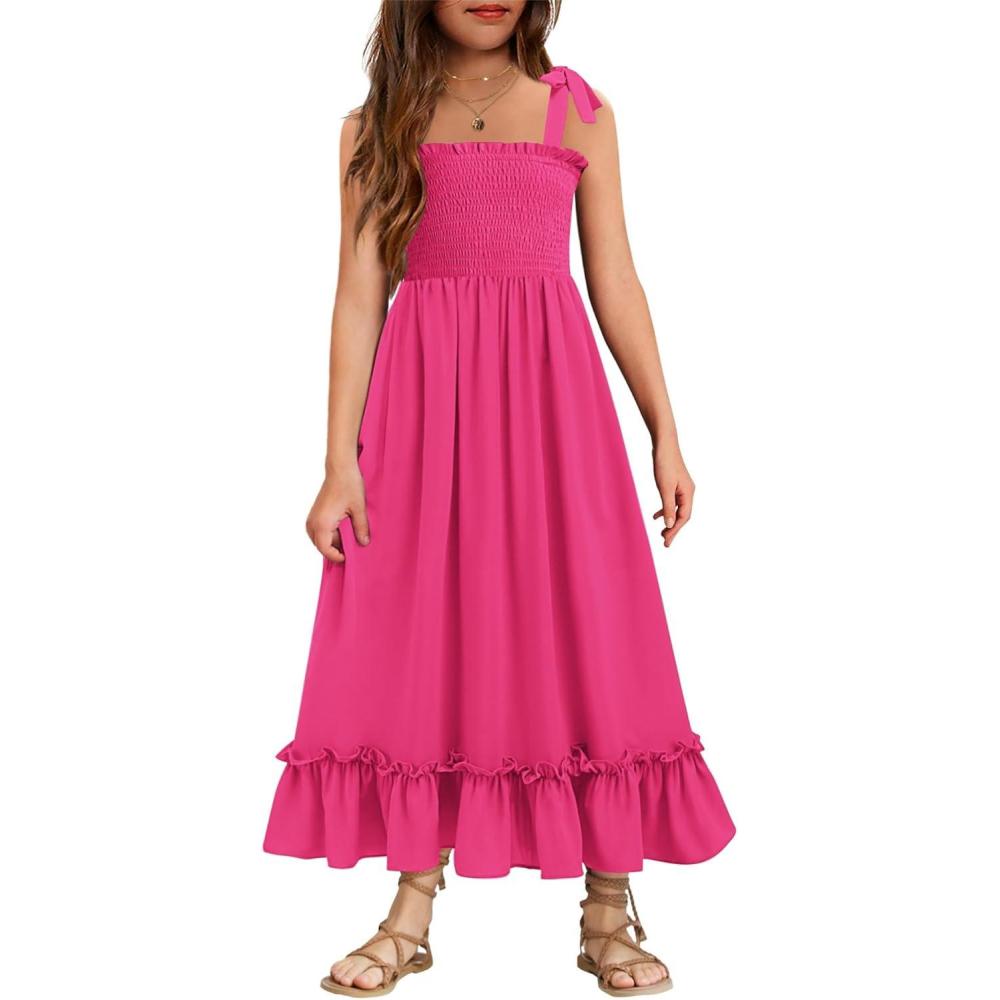 image:imageArshiner Girls Summer Dress Boho Beach Casual Smocked Maxi DressesHot Pink