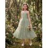 Arshiner Flower Girls Dress Spaghetti Strap Formal Wedding Pageant Party Tulle Long Dresses with Belt(Green Floral)