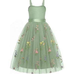 Arshiner Flower Girls Dress Spaghetti Strap Formal Wedding Pageant Party Tulle Long Dresses with Belt(Green Floral)