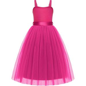 Arshiner Flower Girls Dress Spaghetti Strap Formal Wedding Pageant Party Tulle Long Dresses with Belt(Hot Pink)