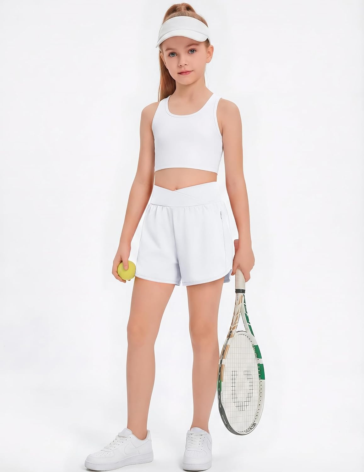 image:imageArshiner Girls Athletic Shorts Crossover High Waisted 2 in 1 Running Shorts with Pockets for Kids Sports Volleyball SoccerWhite