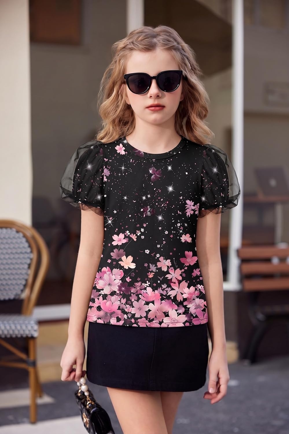 image:imageArshiner Girls Shirts Mesh Puff Short Sleeves Blouse Crewneck Cute Print Summer Kids Tee TopsFlowersblack and Pink