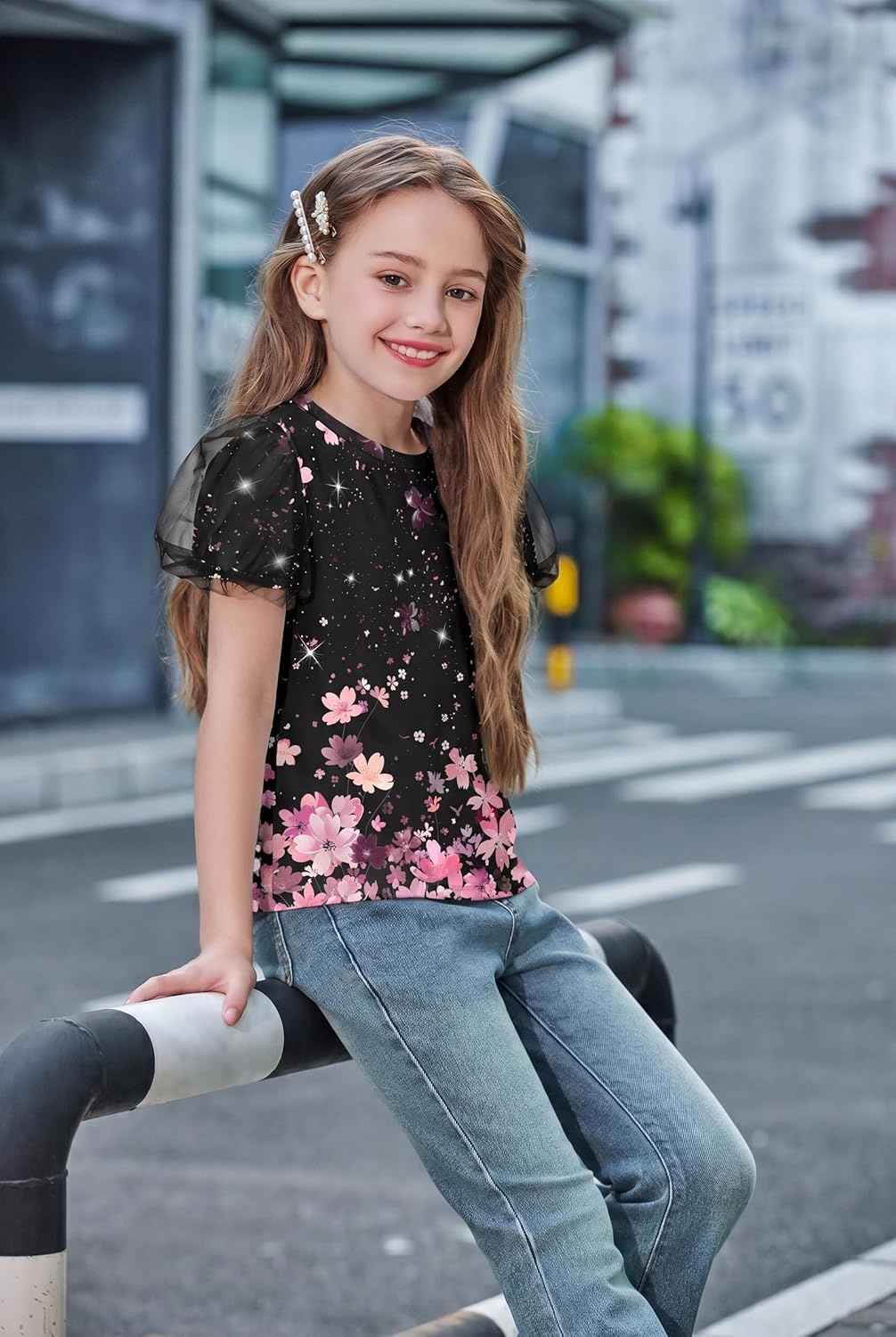 image:imageArshiner Girls Shirts Mesh Puff Short Sleeves Blouse Crewneck Cute Print Summer Kids Tee TopsFlowersblack and Pink