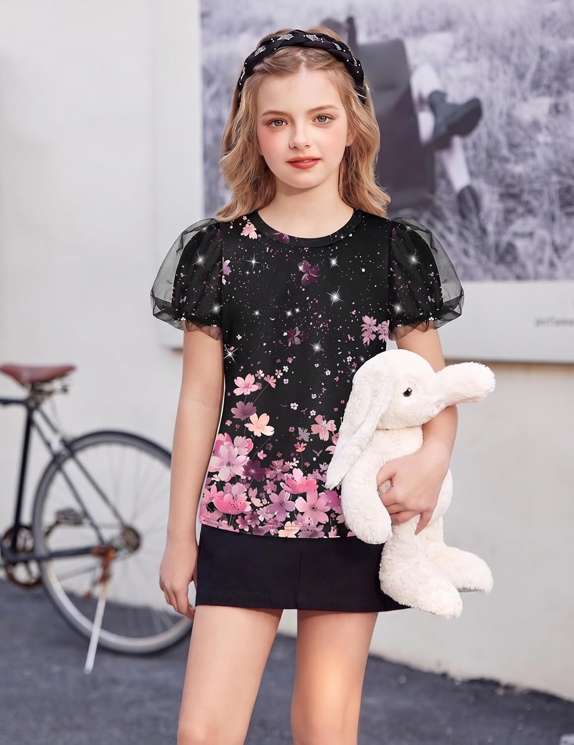 image:imageArshiner Girls Shirts Mesh Puff Short Sleeves Blouse Crewneck Cute Print Summer Kids Tee TopsFlowersblack and Pink