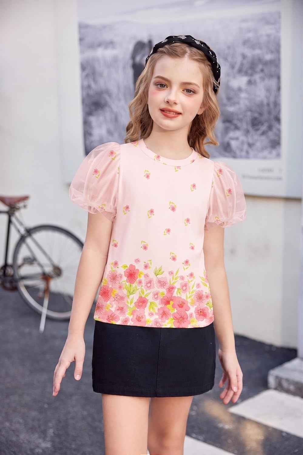 image:imageArshiner Girls Shirts Mesh Puff Short Sleeves Blouse Crewneck Cute Print Summer Kids Tee TopsFlowerspink