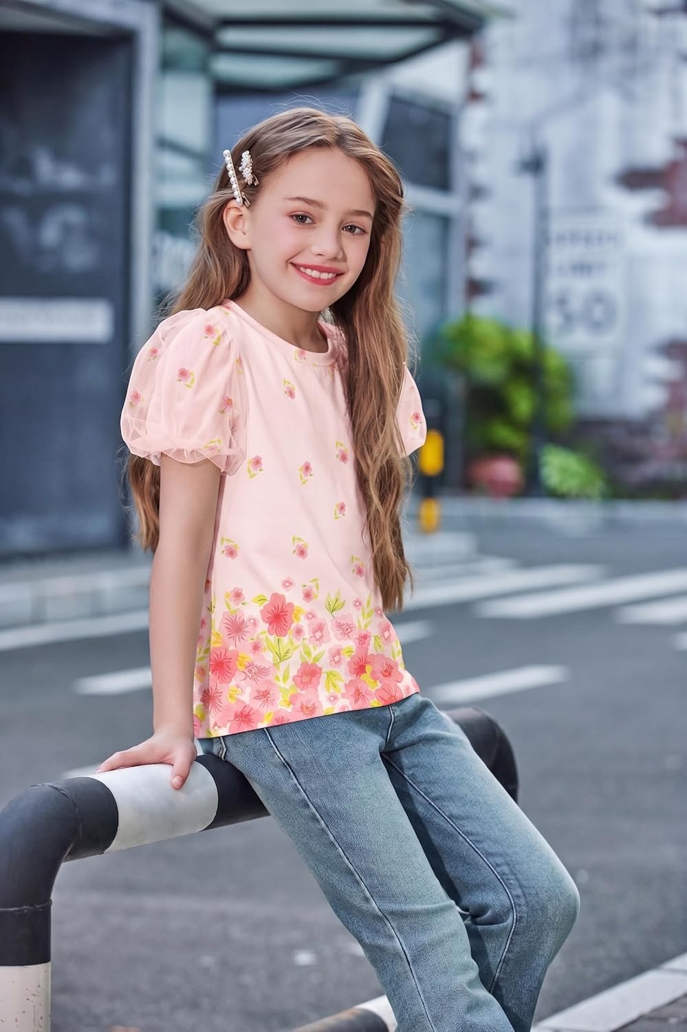 image:imageArshiner Girls Shirts Mesh Puff Short Sleeves Blouse Crewneck Cute Print Summer Kids Tee TopsFlowerspink