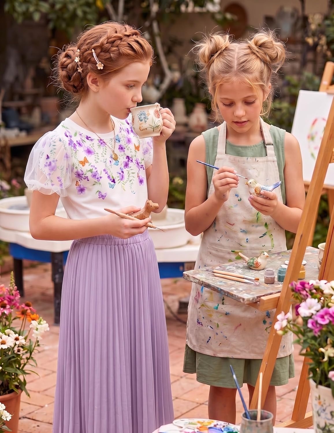 image:imageArshiner Girls Shirts Mesh Puff Short Sleeves Blouse Crewneck Cute Print Summer Kids Tee TopsFlowerspurple