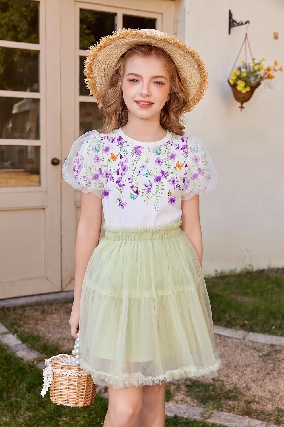 image:imageArshiner Girls Shirts Mesh Puff Short Sleeves Blouse Crewneck Cute Print Summer Kids Tee TopsFlowerspurple