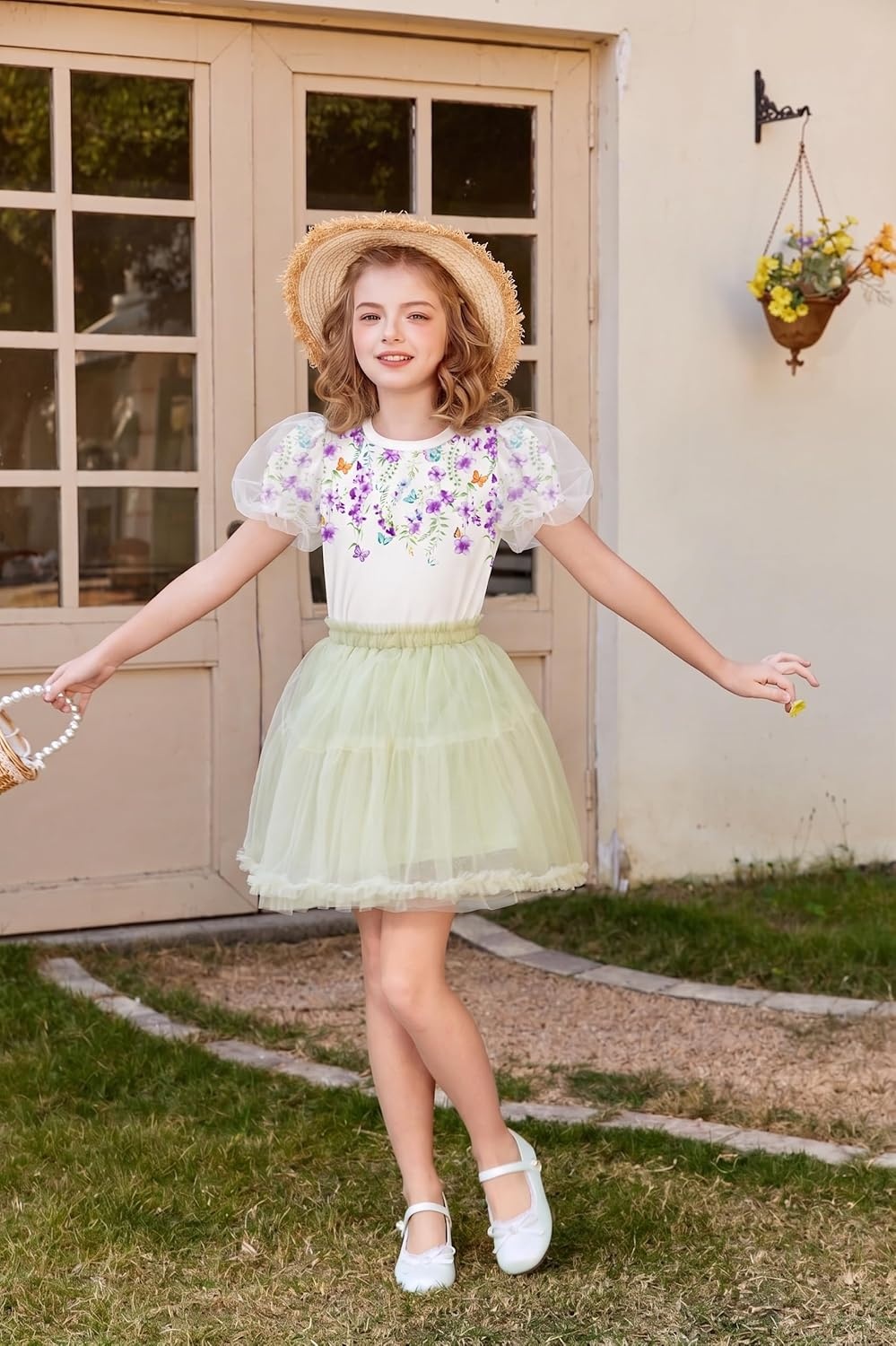 image:imageArshiner Girls Shirts Mesh Puff Short Sleeves Blouse Crewneck Cute Print Summer Kids Tee TopsFlowerspurple