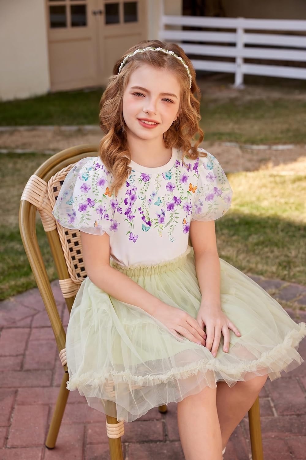 image:imageArshiner Girls Shirts Mesh Puff Short Sleeves Blouse Crewneck Cute Print Summer Kids Tee TopsFlowerspurple