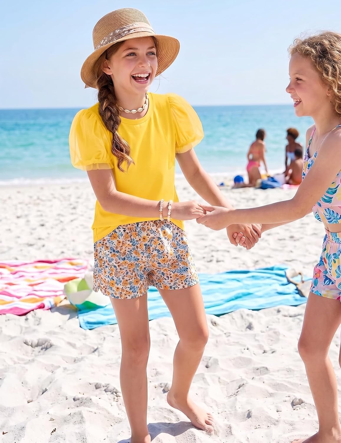 image:imageArshiner Girls Shirts Mesh Puff Short Sleeves Blouse Crewneck Cute Print Summer Kids Tee TopsYellow