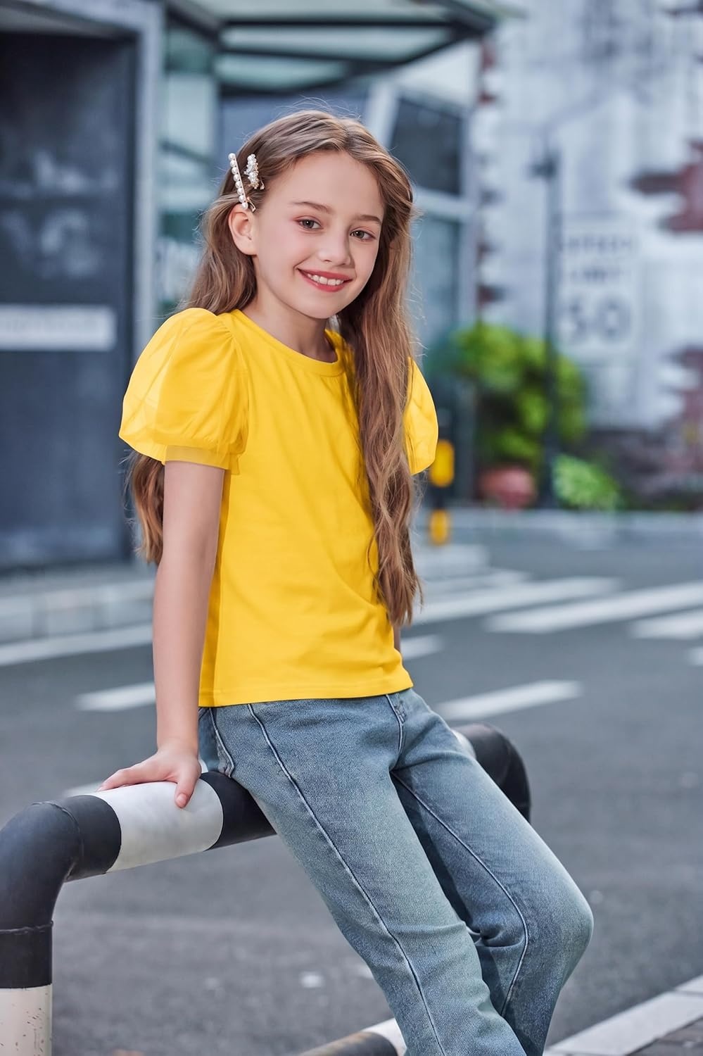 image:imageArshiner Girls Shirts Mesh Puff Short Sleeves Blouse Crewneck Cute Print Summer Kids Tee TopsYellow