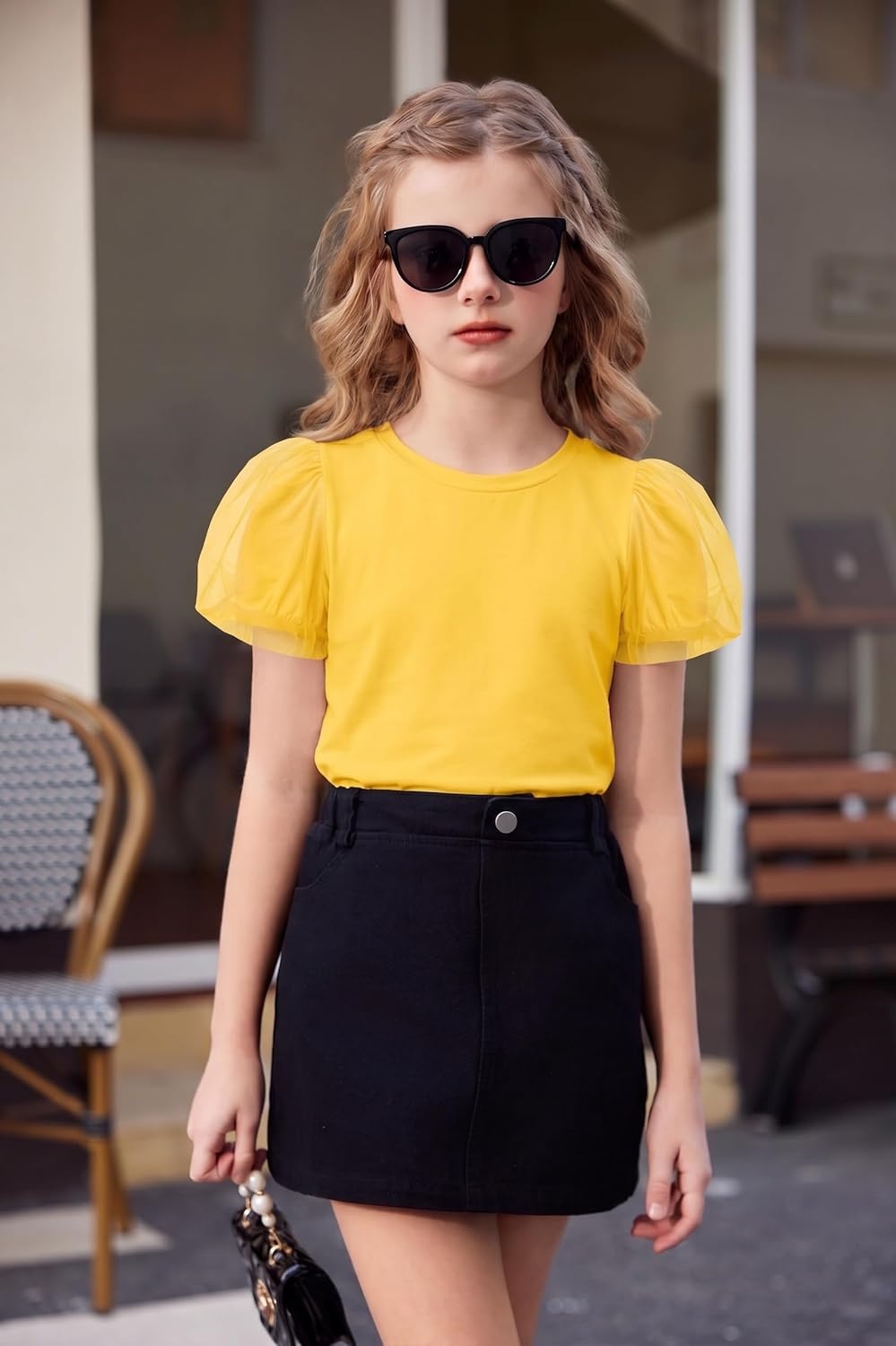 image:imageArshiner Girls Shirts Mesh Puff Short Sleeves Blouse Crewneck Cute Print Summer Kids Tee TopsYellow