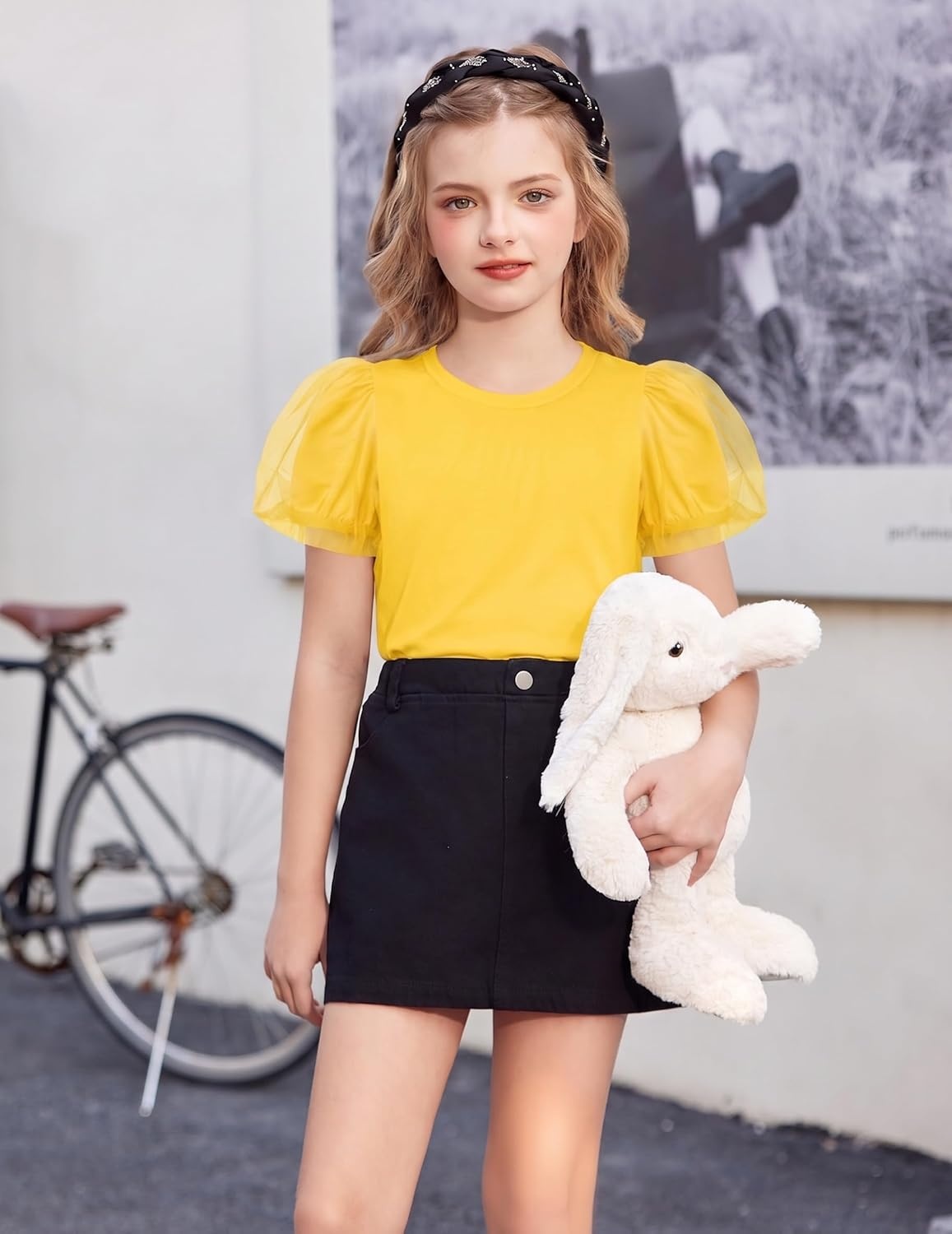 image:imageArshiner Girls Shirts Mesh Puff Short Sleeves Blouse Crewneck Cute Print Summer Kids Tee TopsYellow
