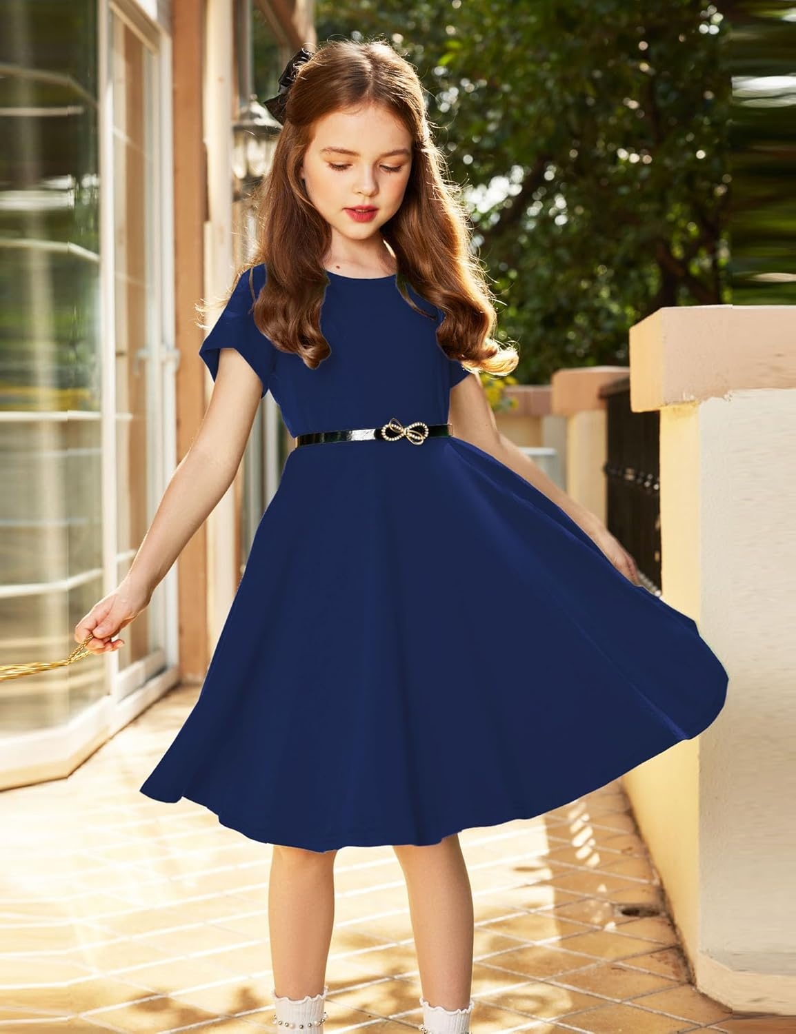 image:imageArshiner Girls Summer Dresses Short Sleeve Casual Holiday Skater Twirl Dress with PocketsNavy Blue1
