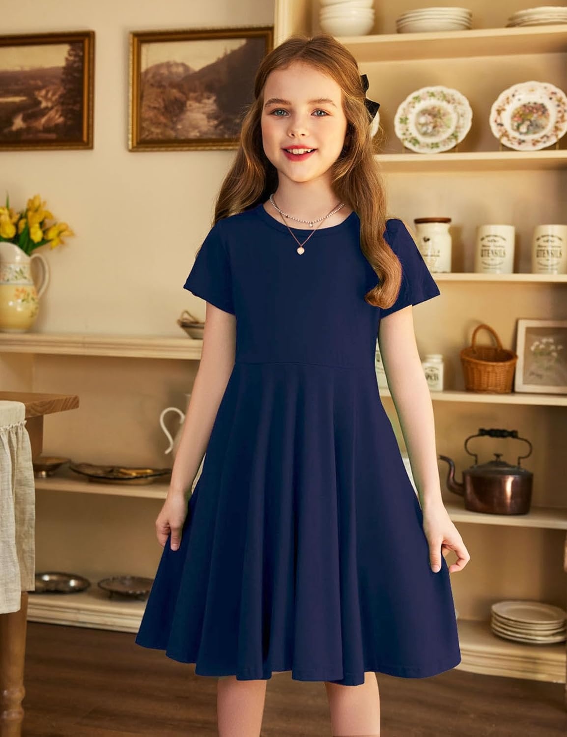 image:imageArshiner Girls Summer Dresses Short Sleeve Casual Holiday Skater Twirl Dress with PocketsNavy Blue1
