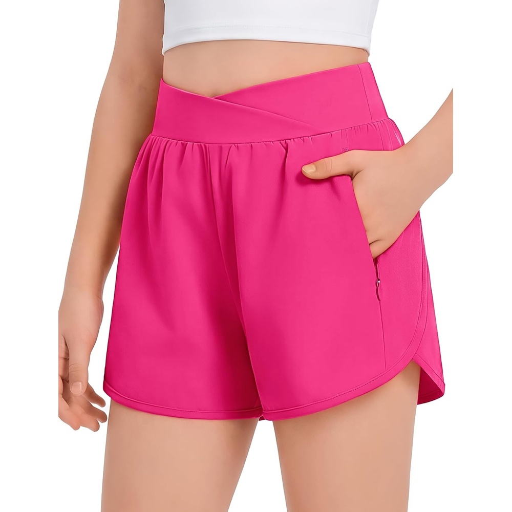image:imageArshiner Girls Athletic Shorts Crossover High Waisted 2 in 1 Running Shorts with Pockets for Kids Sports Volleyball SoccerHot Pink
